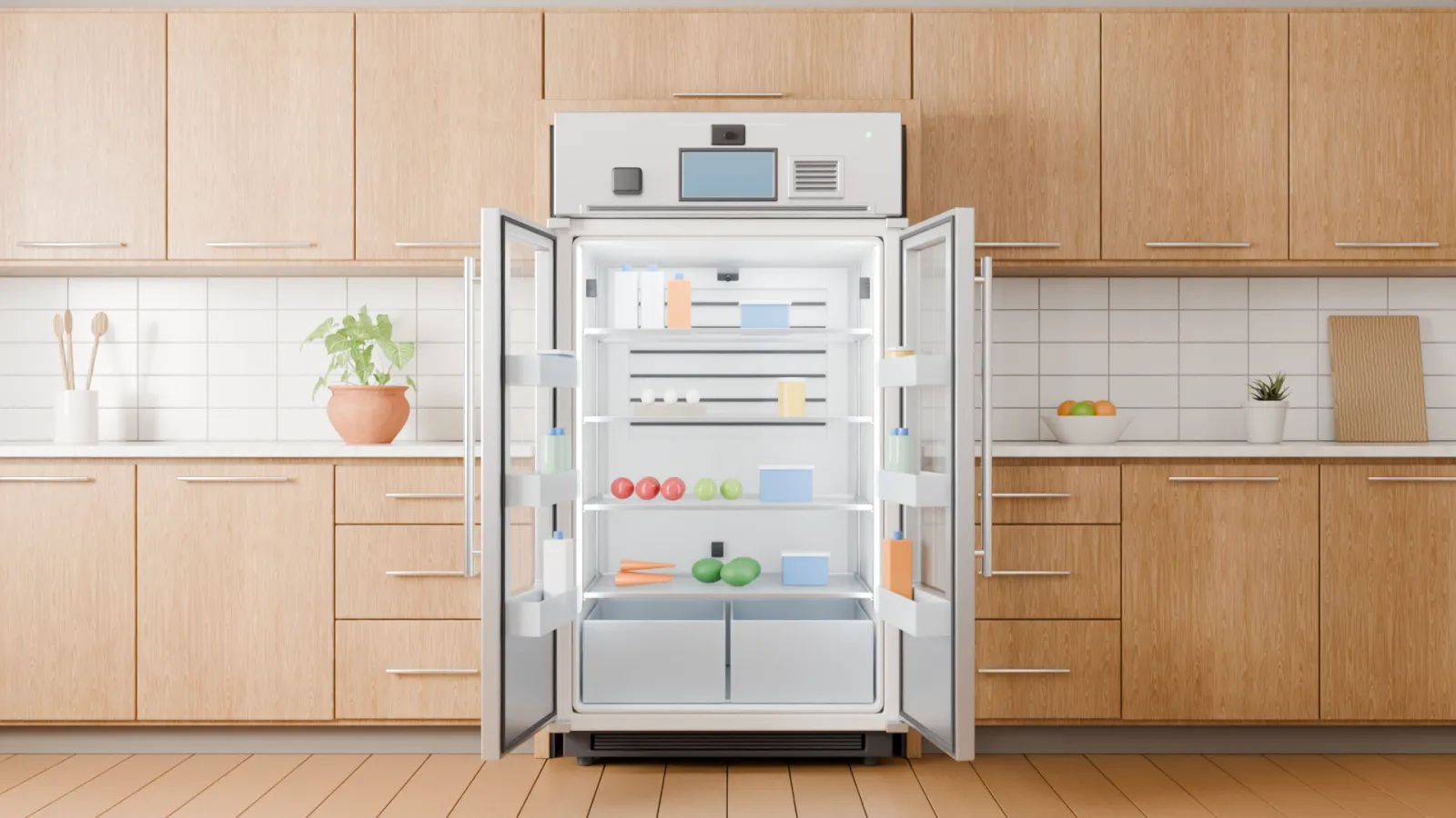 Rendered Nourish refrigerator with both doors open, showing shelves of food